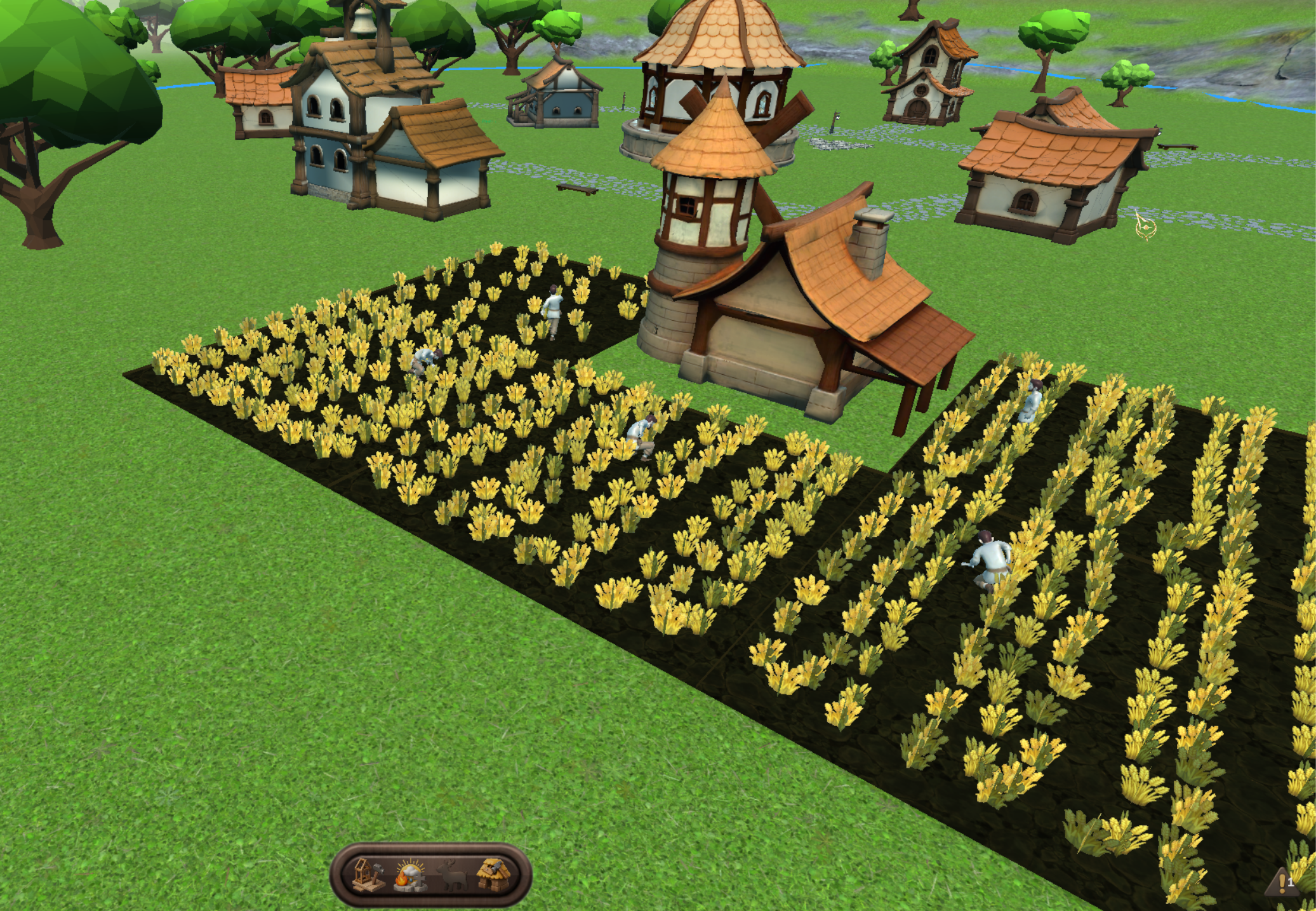 Villagers working in the fields near village buildings