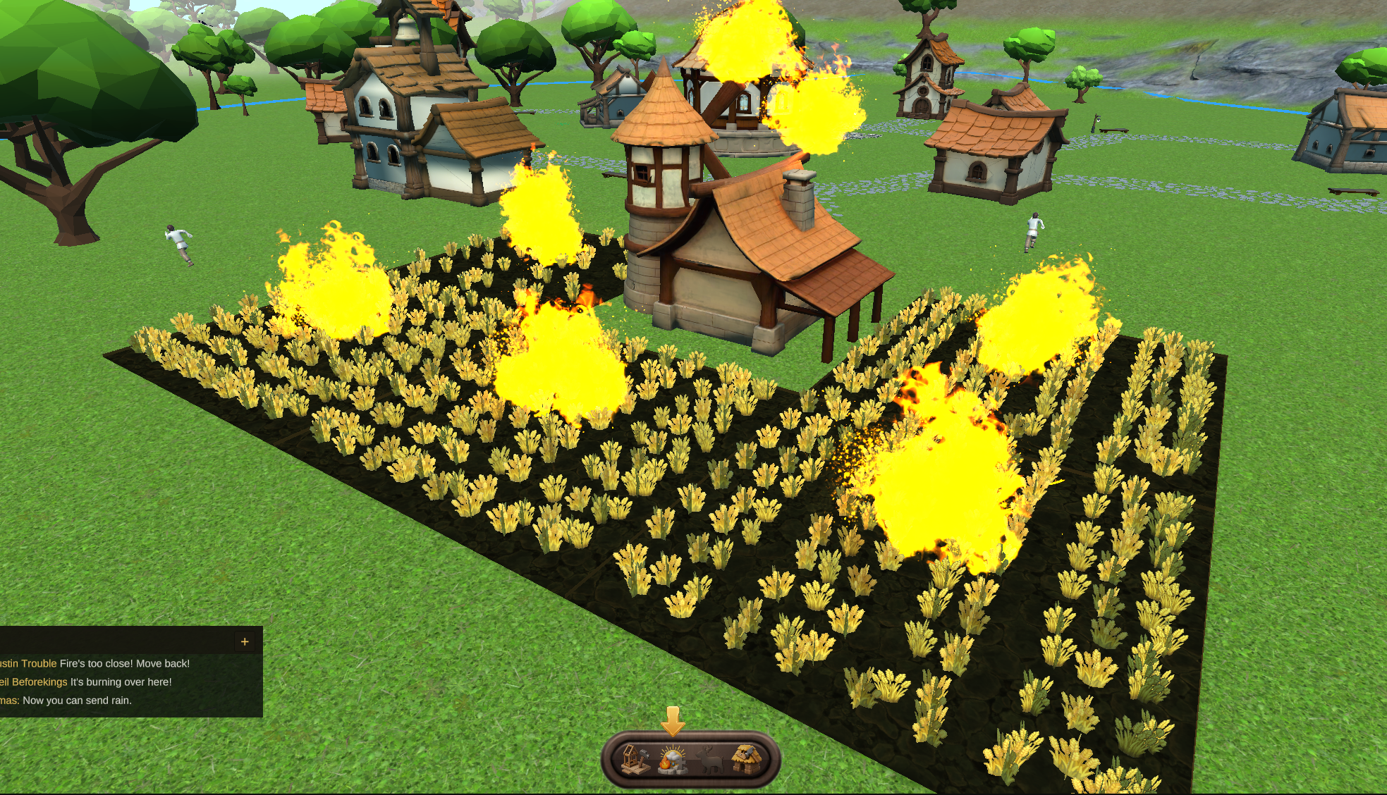 A fire spreading through the fields while villagers run through the village